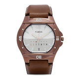 Brown Timex watch with a white face on a white background