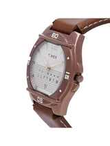 Timex watch with brown leather strap on a white background