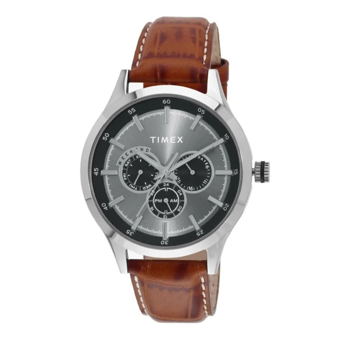 Timex watch with brown leather strap on a white background