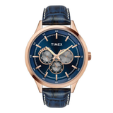 Timex watch with blue strap and rose gold case on white background