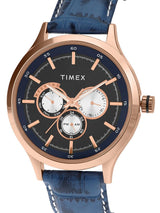 Timex watch with blue strap and rose gold case on white background