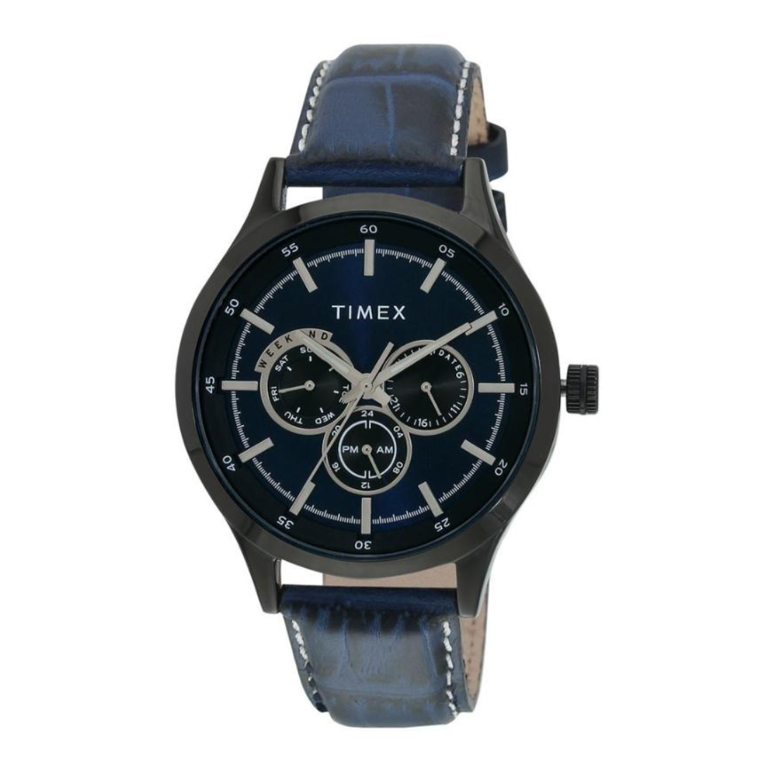 Timex watch with blue leather strap on a white background