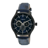 Timex watch with blue leather strap on a white background