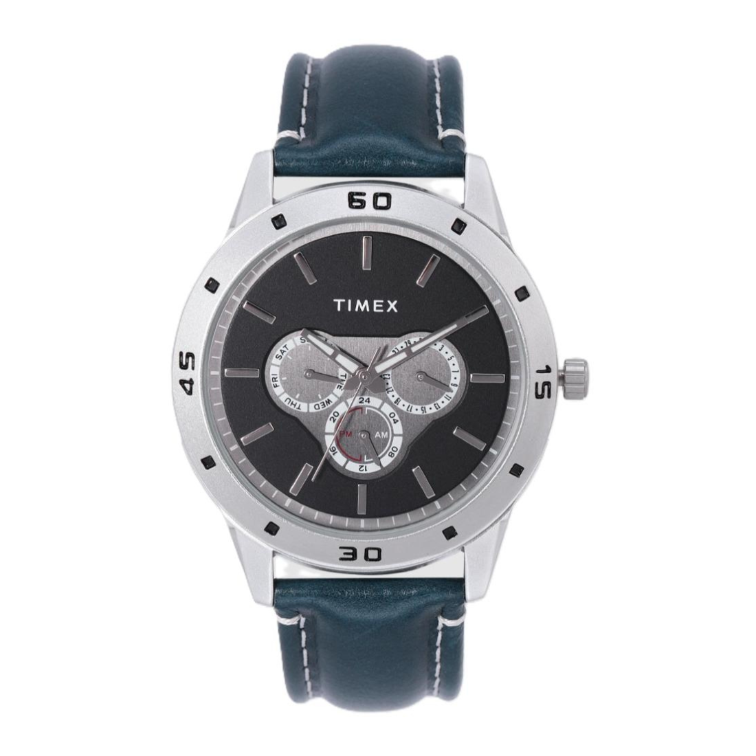 Timex watch with blue strap on a white background