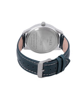 Watch with blue strap and silver case on a white background