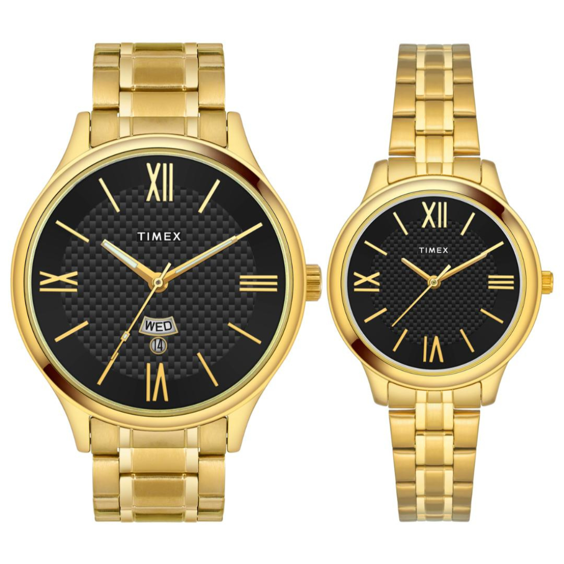 Two gold Timex watches with black faces on a white background