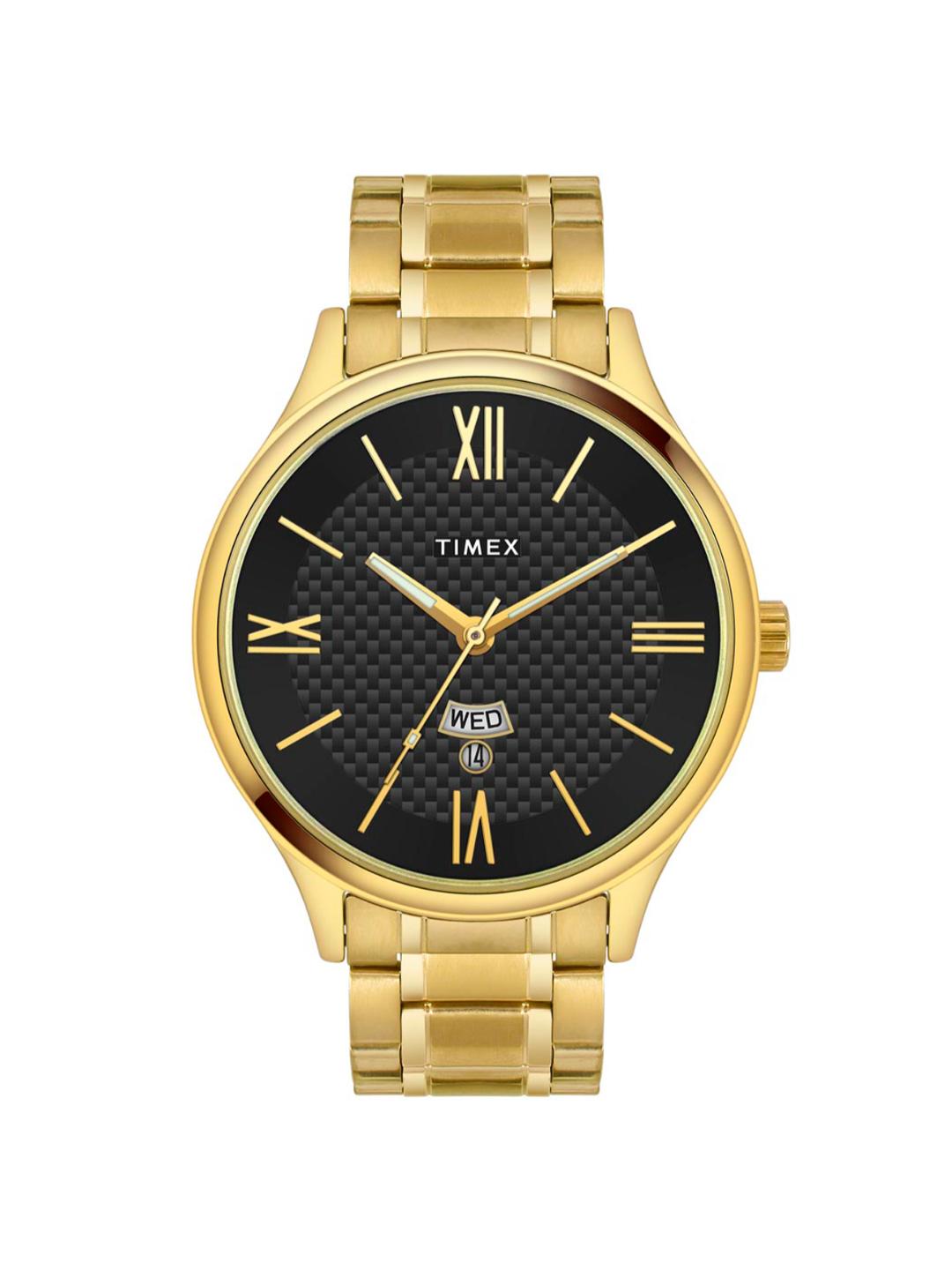 Gold Timex watch with black dial on a white background