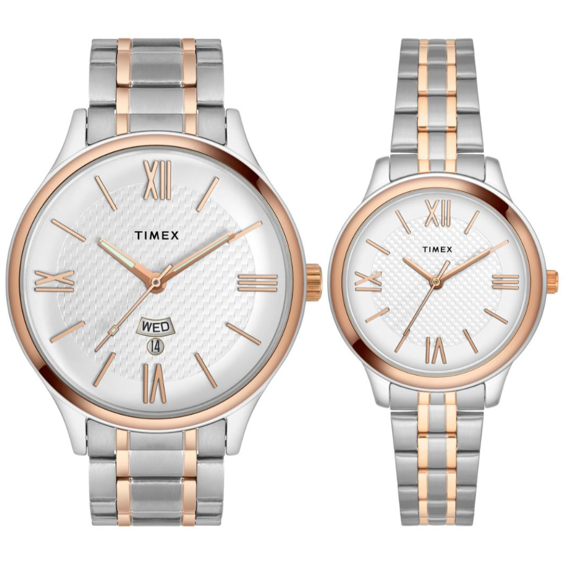 Two Timex watches with silver and rose gold straps on a white background