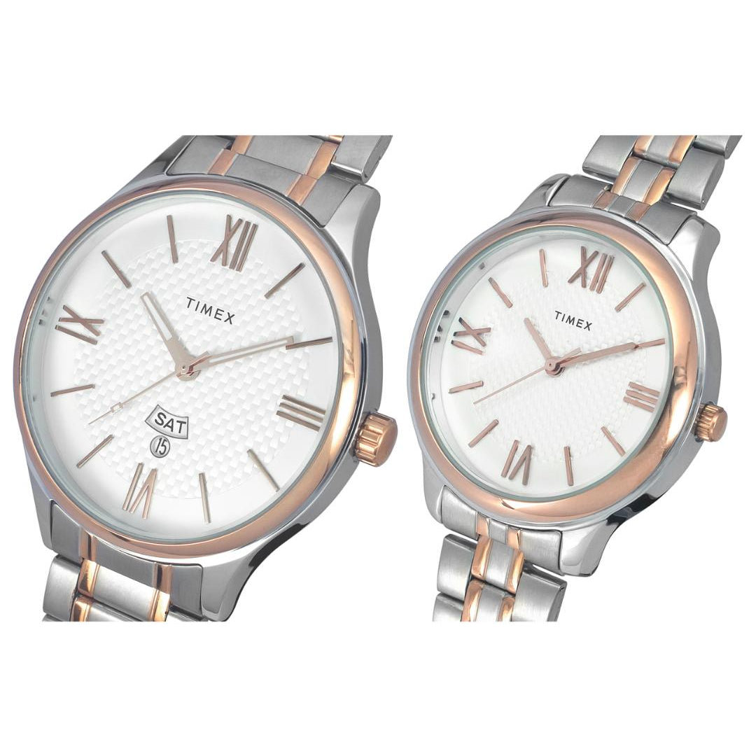 Two Timex watches with silver and rose gold accents on a white background