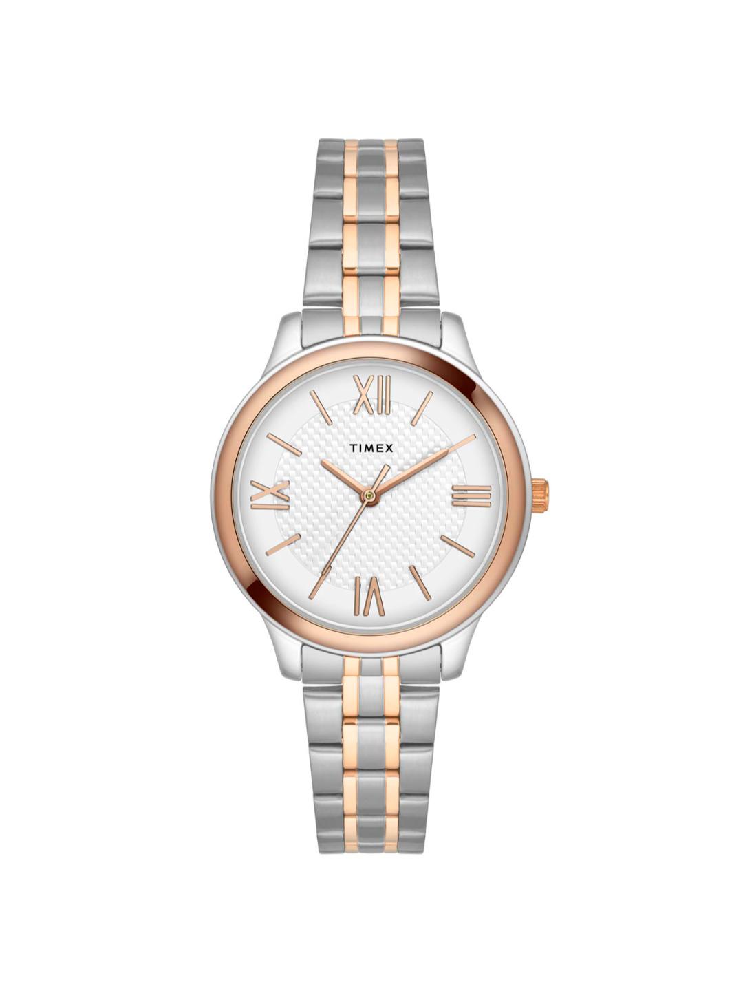 Timex watch with two-tone rose gold and silver bracelet on a white background