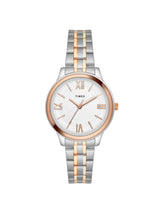 Timex watch with two-tone rose gold and silver bracelet on a white background