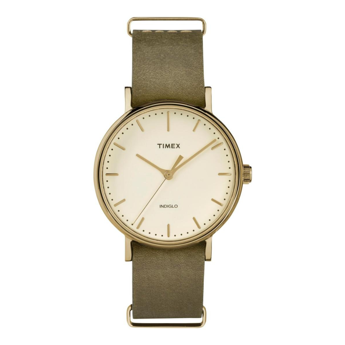 A Timex Indiglo watch with a round gold-tone case, cream-colored dial, and an olive green leather strap, shown against a plain white background.