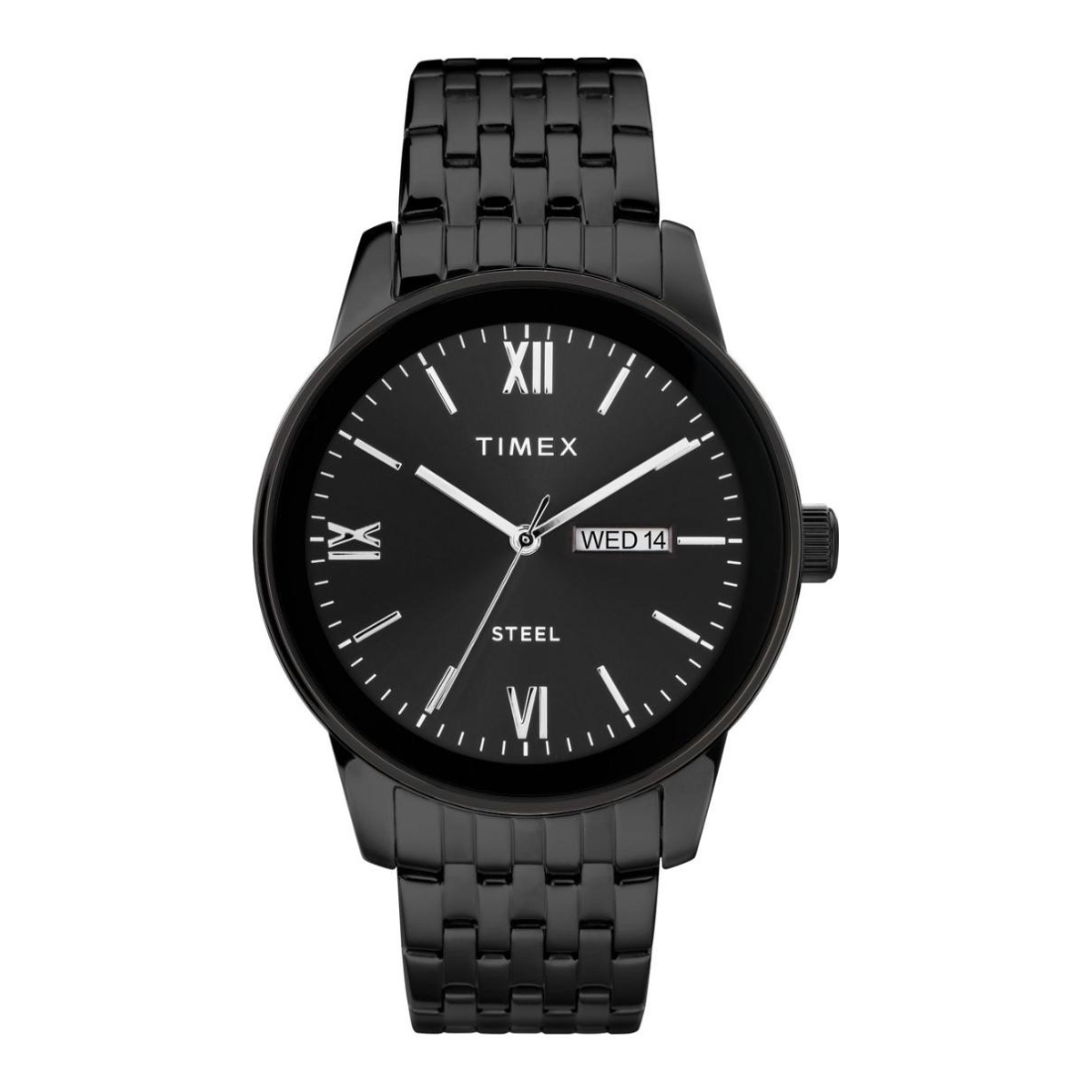 A Timex Steel analog watch with a black stainless steel case and link bracelet, featuring a black dial with white Roman numerals and hands, and a day-date window at 3 o'clock.