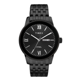A Timex Steel analog watch with a black stainless steel case and link bracelet, featuring a black dial with white Roman numerals and hands, and a day-date window at 3 o'clock.