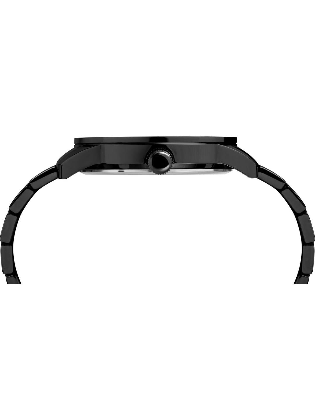 A close-up side view of a black smartwatch with a matching black metal link band, shown against a plain white background.