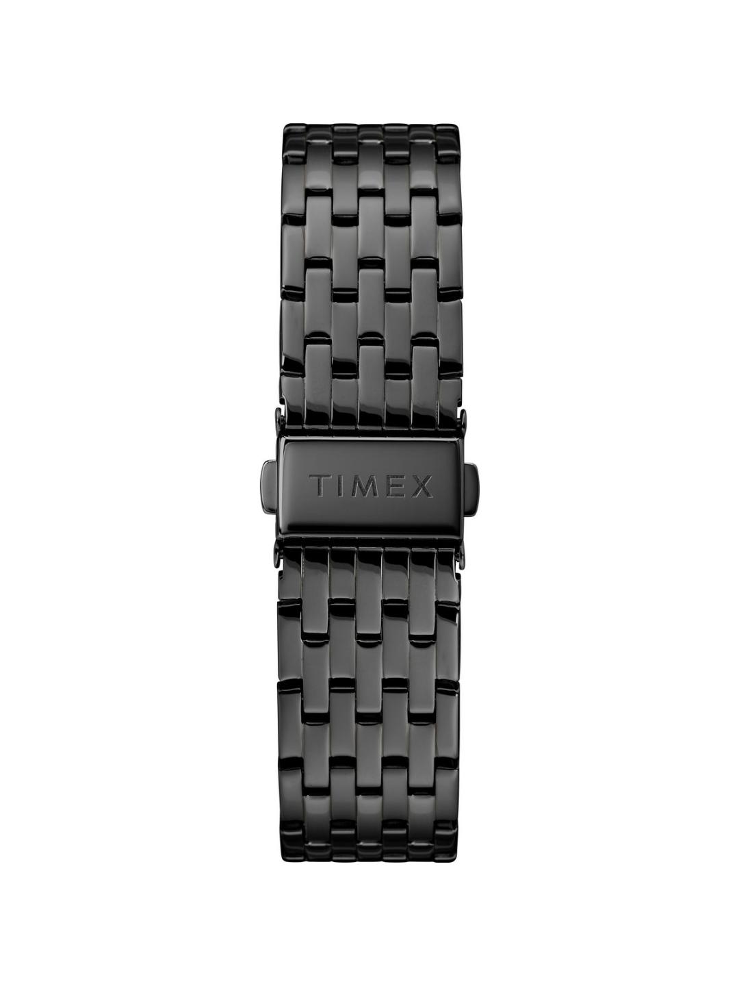 A black metal link watch band with a rectangular clasp engraved with the brand name 'TIMEX', shown against a plain white background.