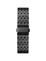 A black metal link watch band with a rectangular clasp engraved with the brand name 'TIMEX', shown against a plain white background.