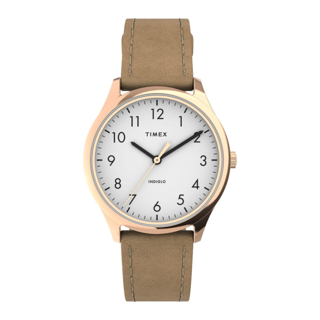 A Timex Indiglo watch with a white dial, black numerals and hands, and a rose gold-tone case, paired with a brown leather strap.