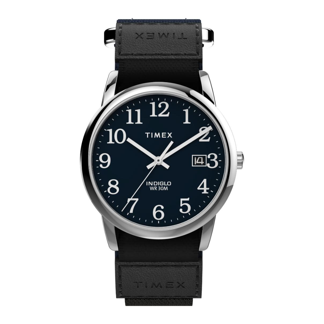 Timex watch with black strap and blue dial on a white background