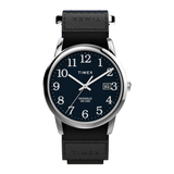 Timex watch with black strap and blue dial on a white background