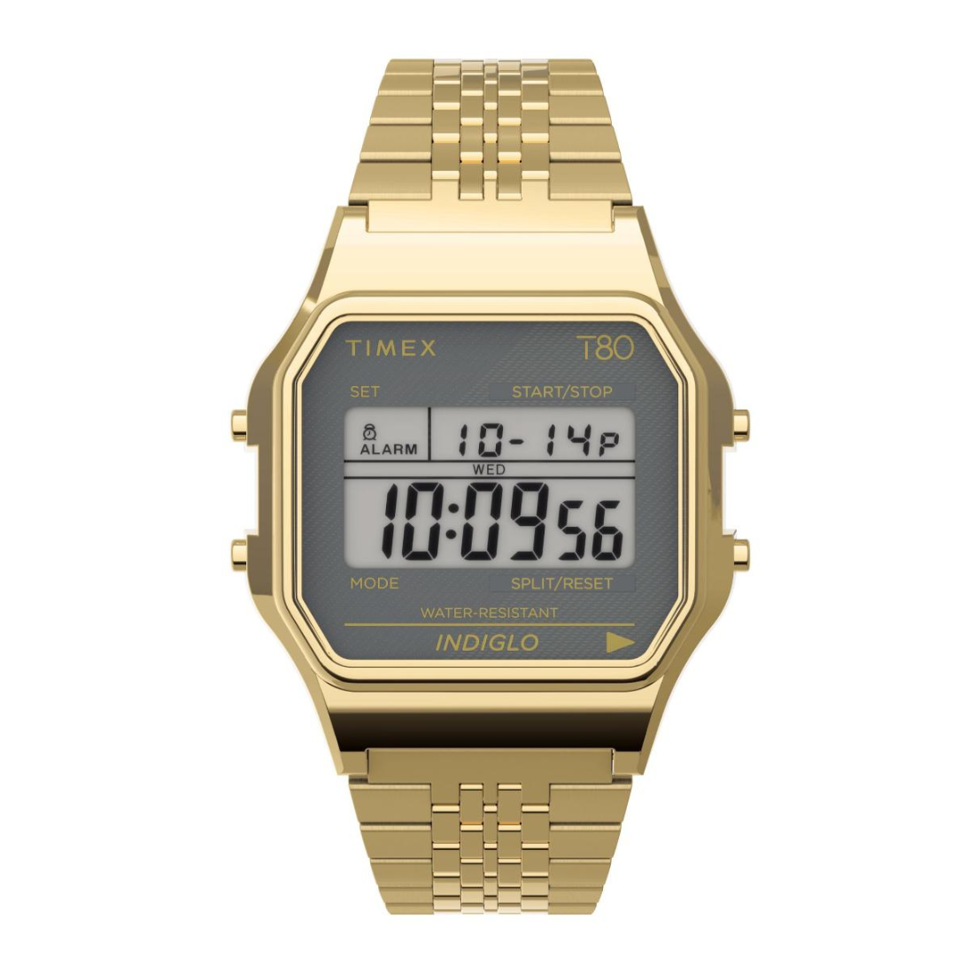 A gold-tone digital watch with a rectangular case, gold metal link bracelet, and a gray LCD display showing the time and digital calendar details. The brand name 'TIMEX' is visible on the watch face.