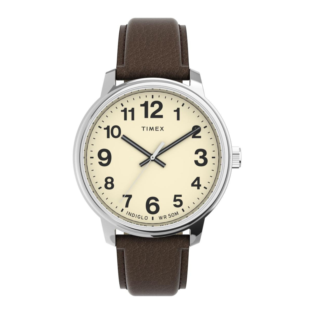 A Timex analog watch with a brown leather strap, a silver-toned metal case, and a cream-colored dial with black Arabic numerals.
