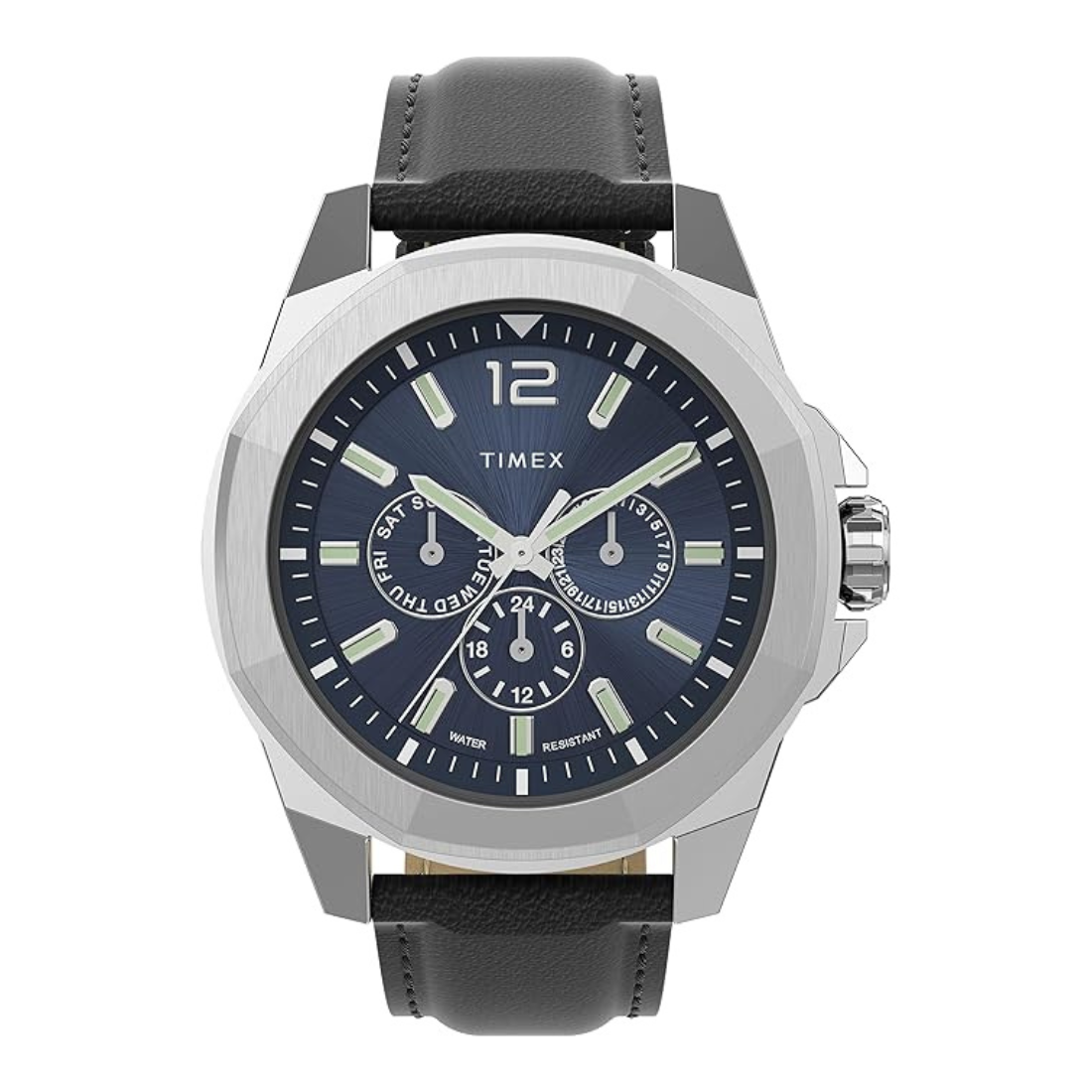 A Timex sport watch with a silver-tone octagonal case, a dark blue dial with white markings, and a black leather strap, shown against a plain white background.