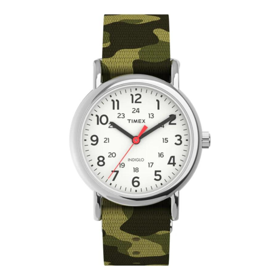 A Timex Indigo analog watch with a green and black camouflage patterned fabric strap, a silver-tone case, and a white dial with black numerals and a red second hand.