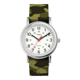 A Timex Indigo analog watch with a green and black camouflage patterned fabric strap, a silver-tone case, and a white dial with black numerals and a red second hand.