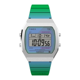 A Timex T80 digital watch with a silver-tone metal case and a vibrant green-to-blue gradient silicone strap, shown against a plain white background.