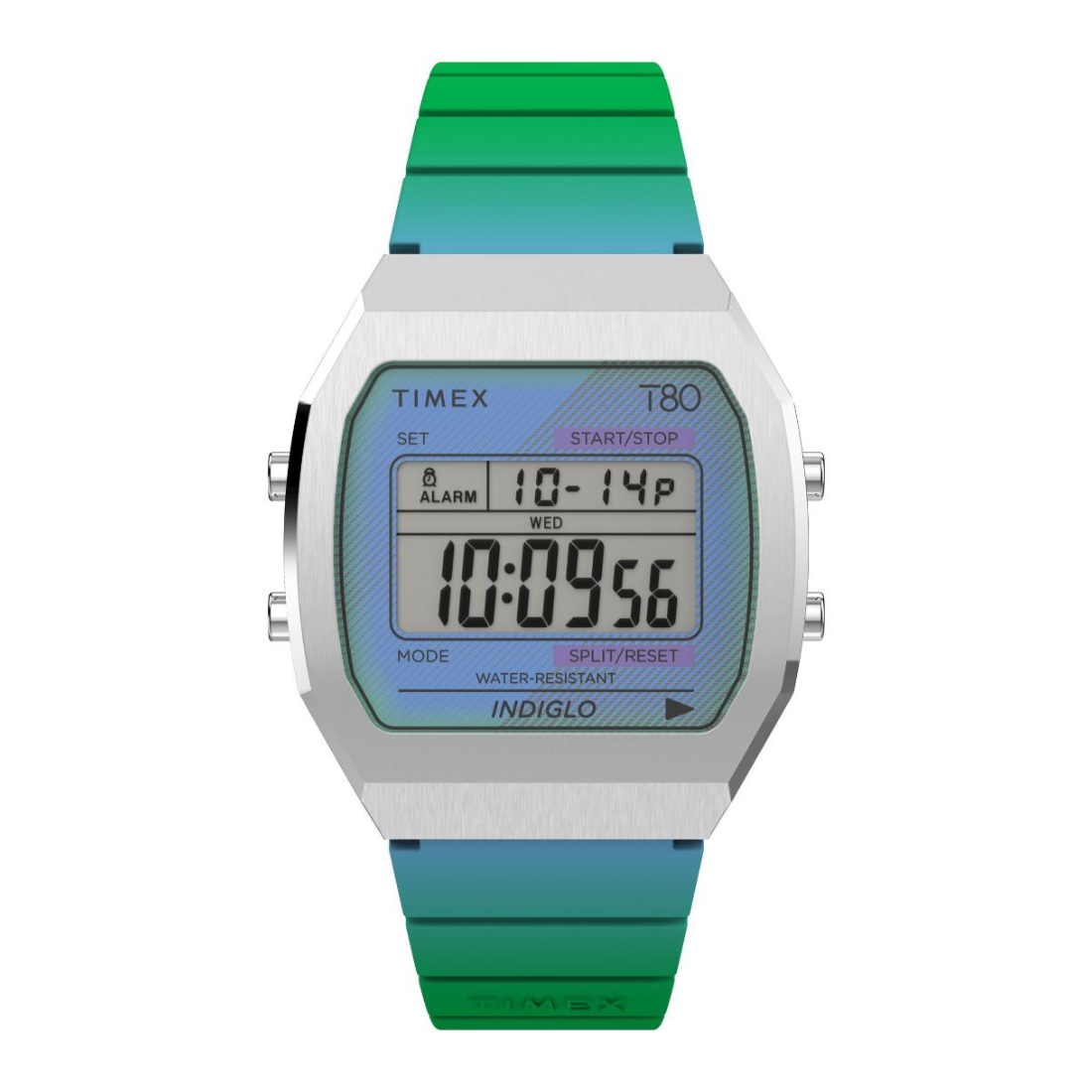A Timex T80 digital watch with a silver-tone metal case and a vibrant green-to-blue gradient silicone strap, shown against a plain white background.