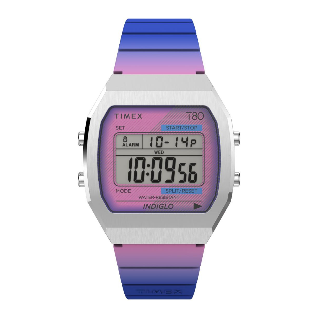 A Timex T80 digital watch with a silver-tone case and a vibrant purple-to-blue gradient silicone strap, shown against a plain white background.