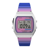 A Timex T80 digital watch with a silver-tone case and a vibrant purple-to-blue gradient silicone strap, shown against a plain white background.