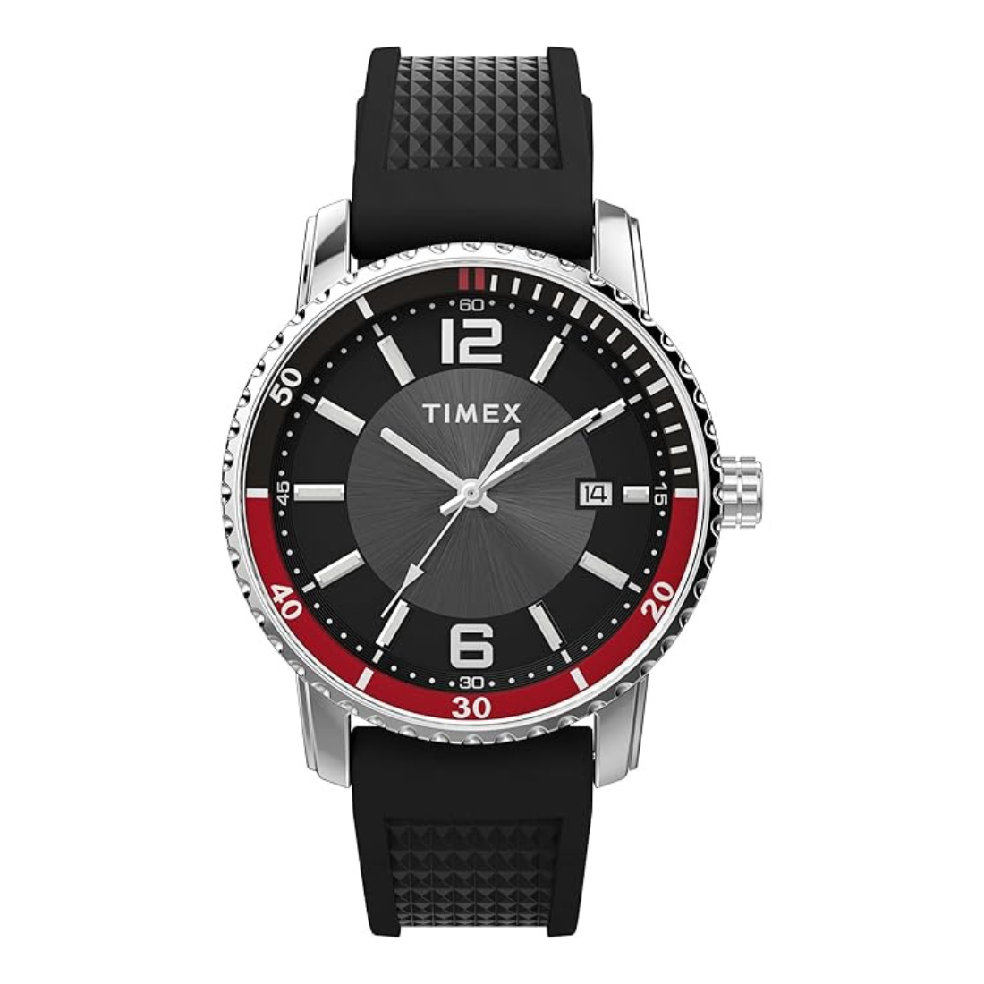A Timex men's analog watch with a black textured silicone strap, a silver-tone stainless steel case, and a black dial featuring a red inner ring and white markings.