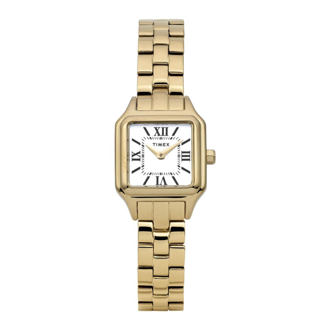 A Timex women's watch with a gold-tone metal link bracelet, a square bezel, and a white dial with black Roman numerals.