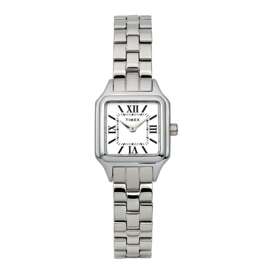 A women's Timex watch with a polished silver-tone stainless steel case and link bracelet, featuring a white dial with black Roman numerals.
