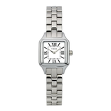 A women's Timex watch with a polished silver-tone stainless steel case and link bracelet, featuring a white dial with black Roman numerals.