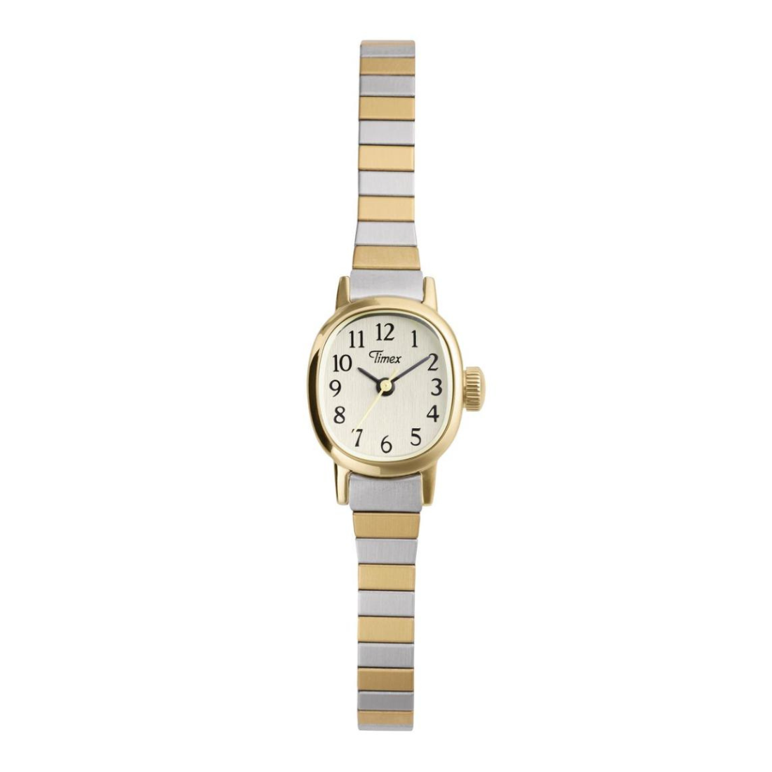 A women's two-tone wristwatch with a gold and silver striped metal bracelet, a gold case, and a cream-colored dial with black Arabic numerals. The brand name 'Mintay' is visible on the dial.