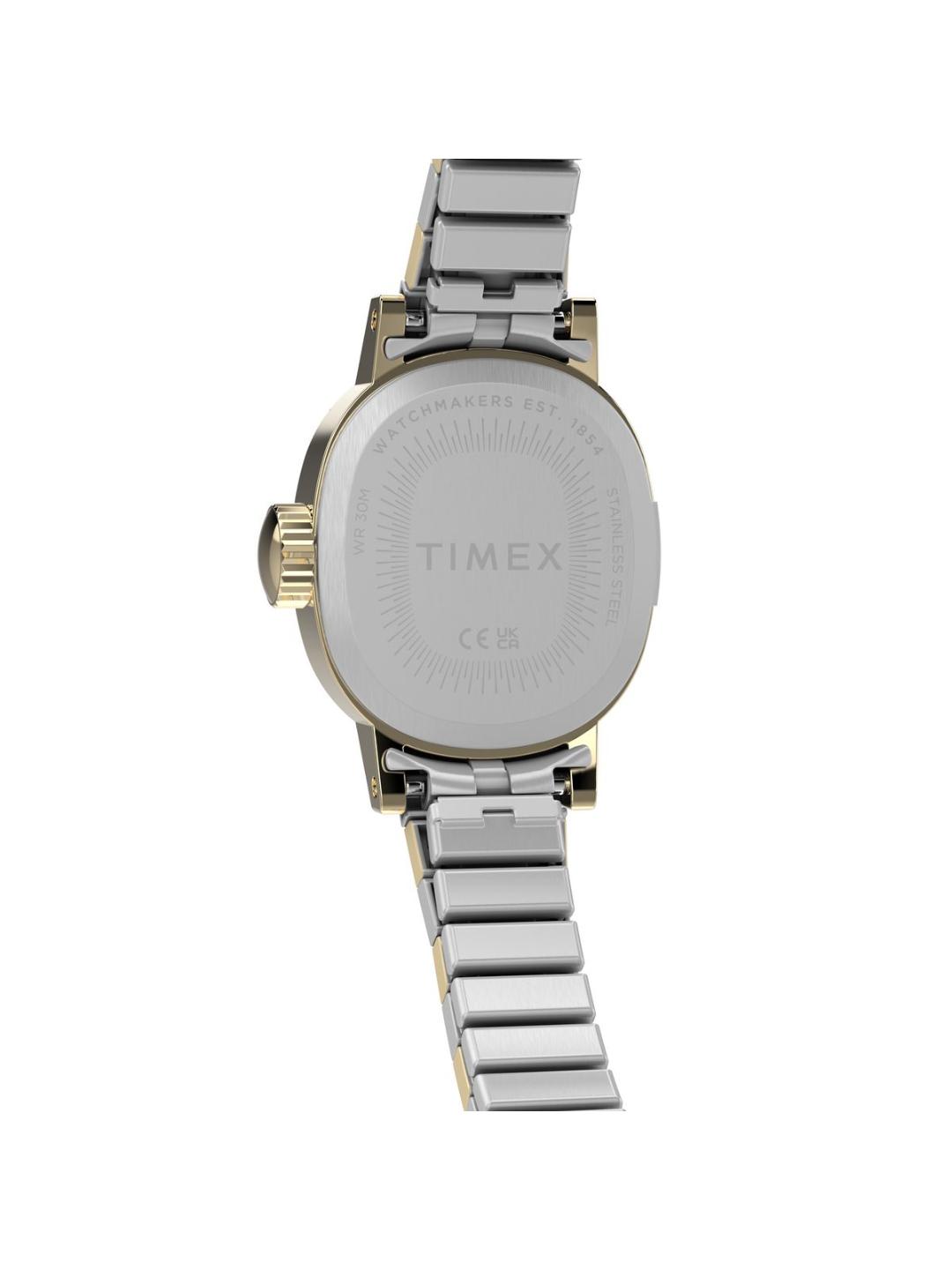 The back view of a Timex women's watch with a silver stainless steel case and link bracelet, featuring a gold-tone crown adjustment, on a plain white background.