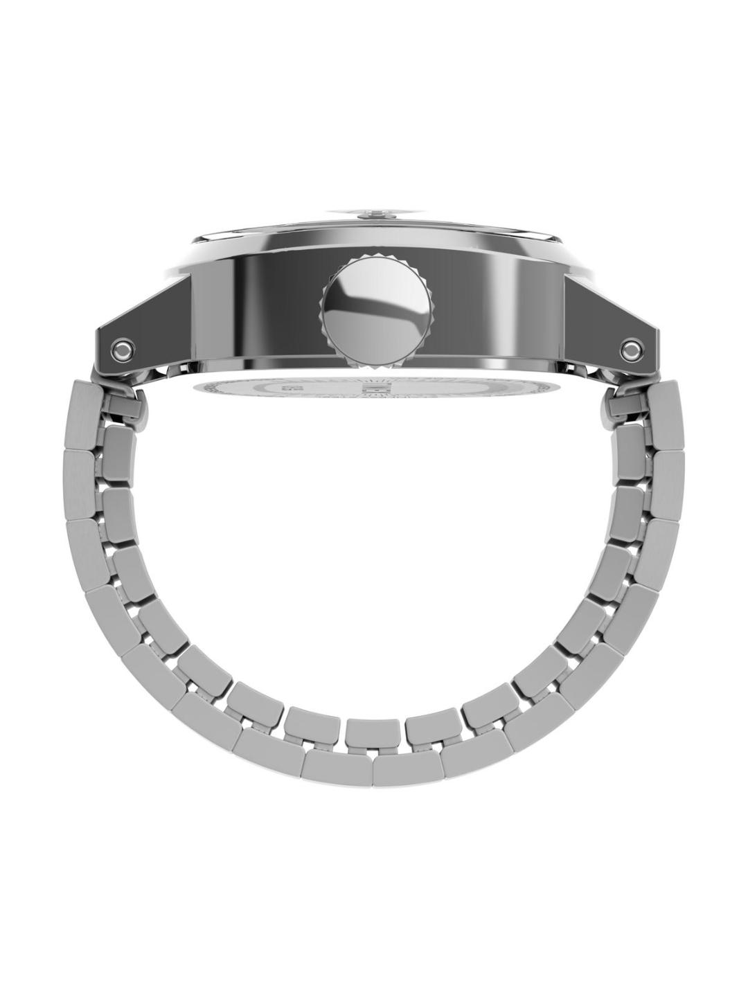 A close-up rear view of a silver-toned metal watch with a matching metal link bracelet, shown on a plain white background.