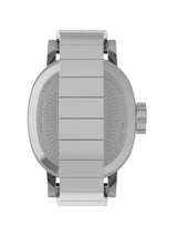 The back view of a stainless steel watch with a matching metal link bracelet, showing the engraved case back and crown on a plain white background.