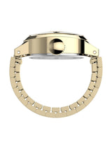 Gold-tone metal watch case and matching link bracelet shown from the back on a plain white background.