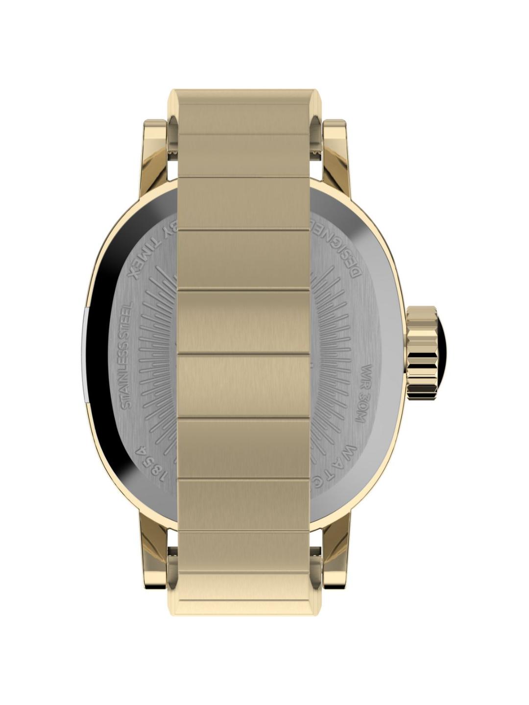 The back view of a gold-tone watch with a matching gold-tone link bracelet, set against a plain white background.