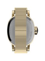 The back view of a gold-tone watch with a matching gold-tone link bracelet, set against a plain white background.