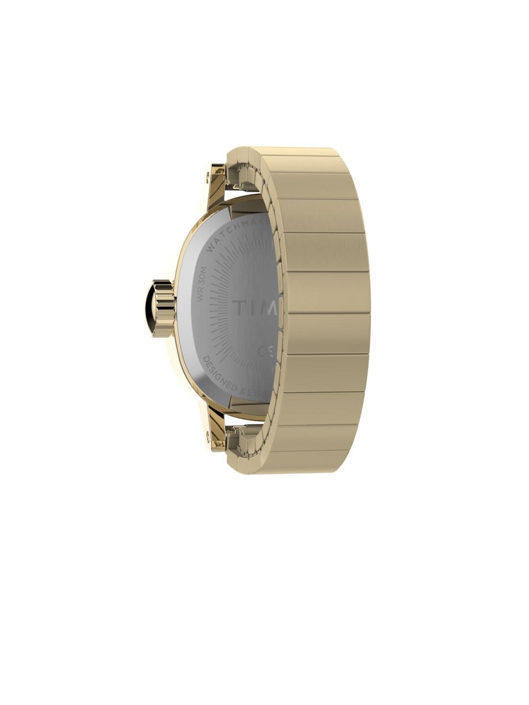 A gold-tone Tissot watch shown from a side-back angle, displaying the case back and part of the gold link bracelet on a plain white background.