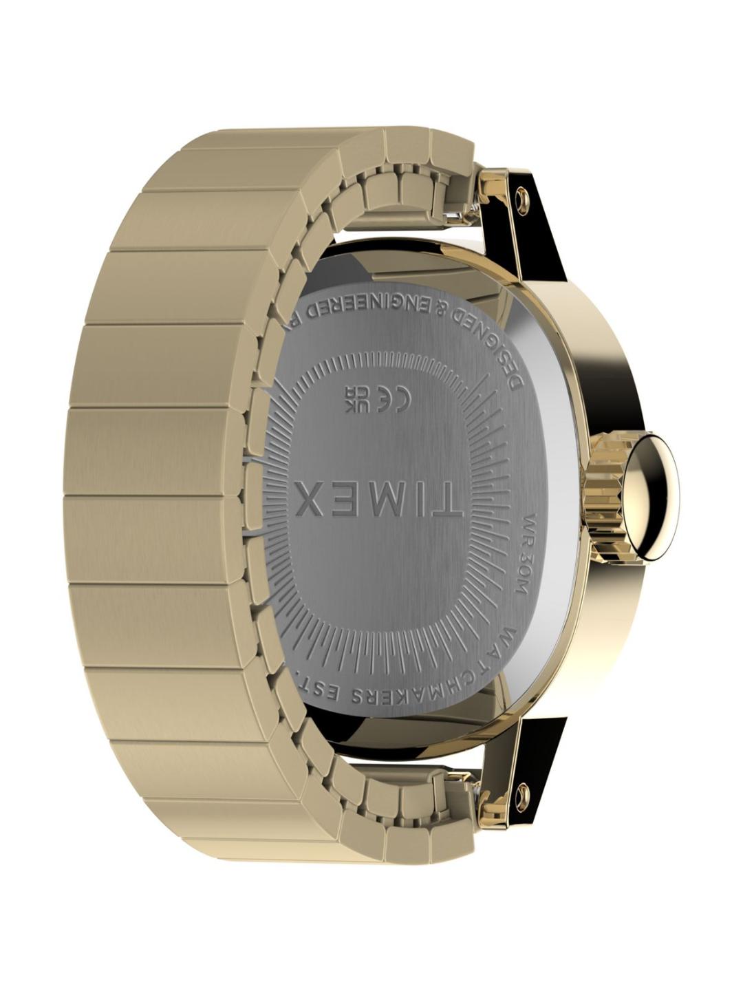 Timex watch shown from the back, featuring a gold-tone metal case and integrated link bracelet with a silver-toned glass backplate.