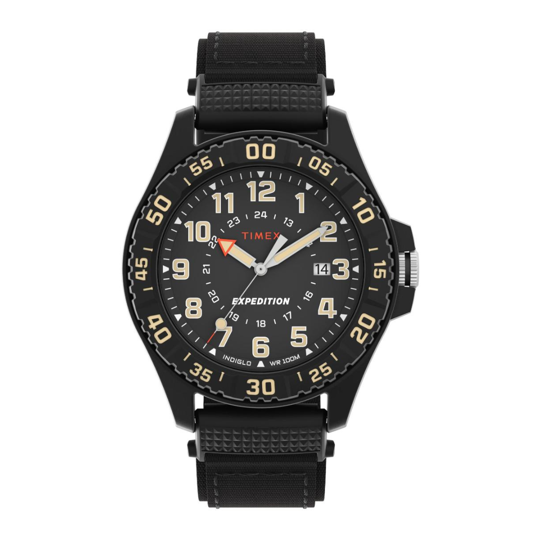A Timex Expedition wristwatch with a black case, black textured strap, and a black dial featuring beige numerals and markers, with a small orange accent on the hands.