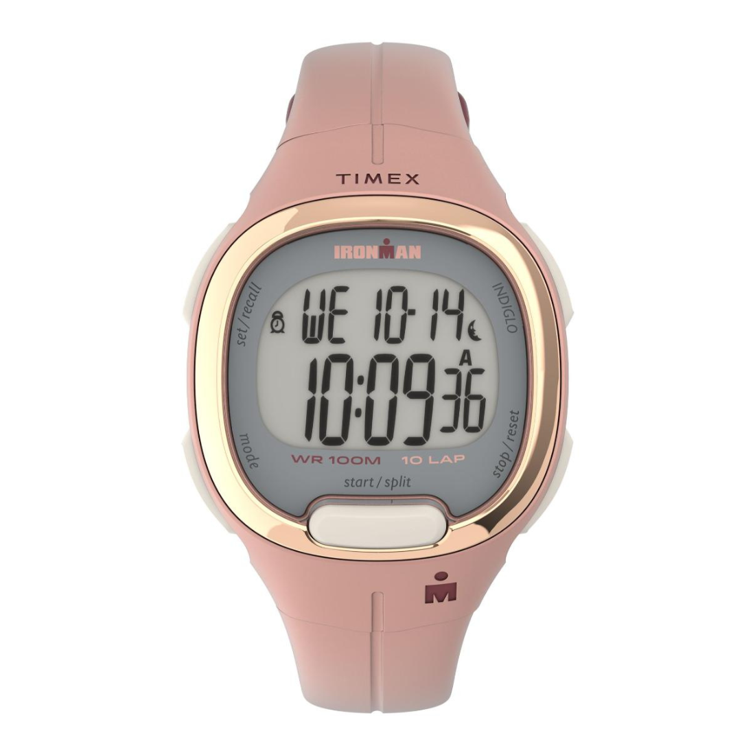 A Timex Ironman digital watch with a dusty pink strap and case, featuring a rose gold bezel and a gray LCD display showing the time as 10:09.