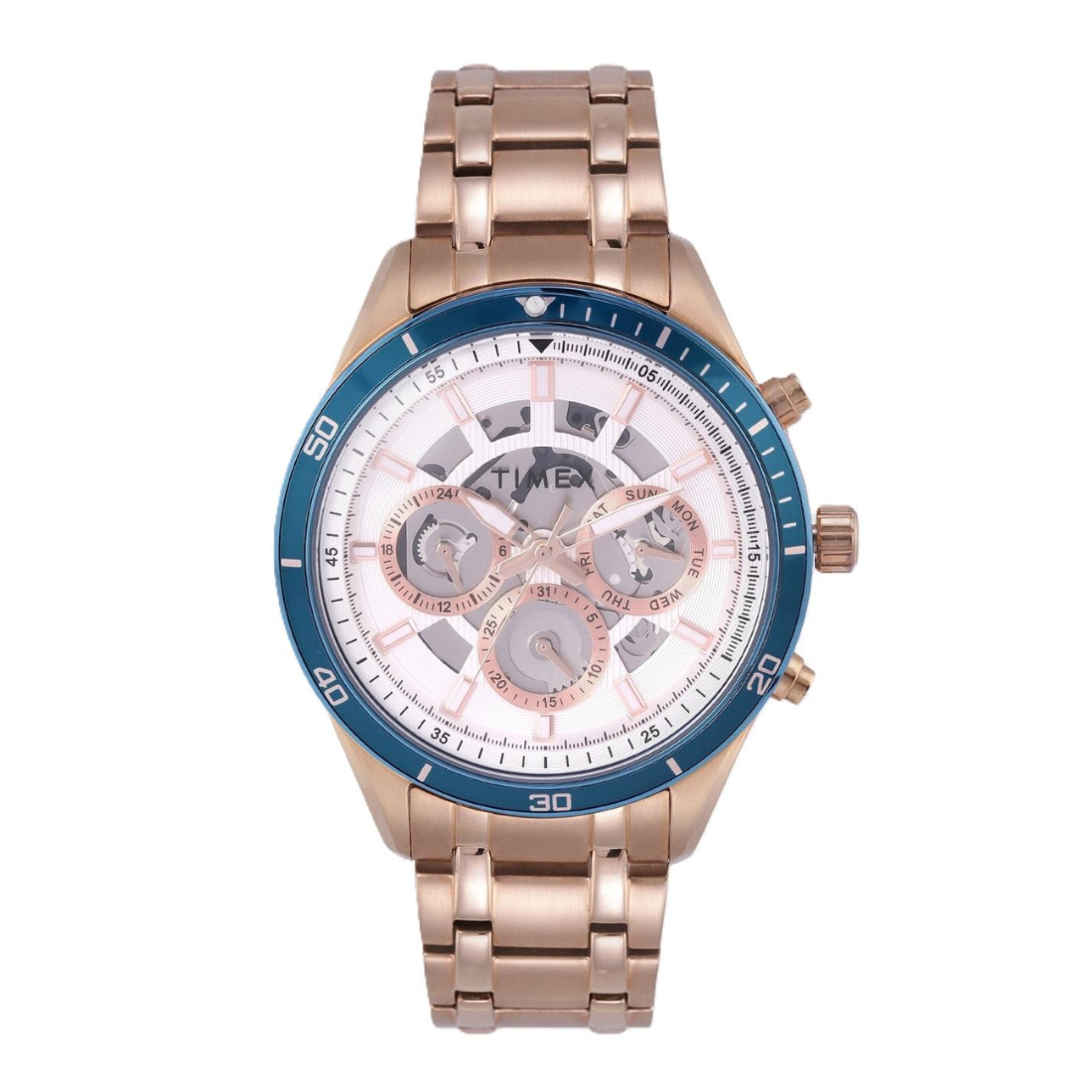Rose gold watch with a blue bezel on a white background