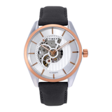 Timex watch with black leather strap and rose gold case on white background